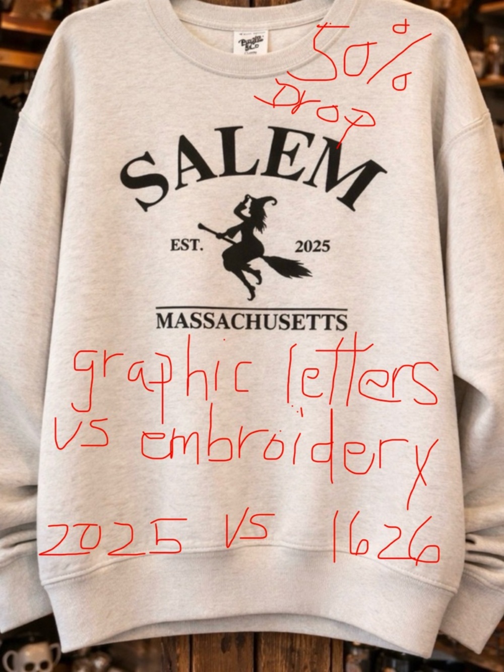 Cozy Sweatshirt Crewneck Salem Witch Graphic Heather Oatmeal Soft Massachusetts